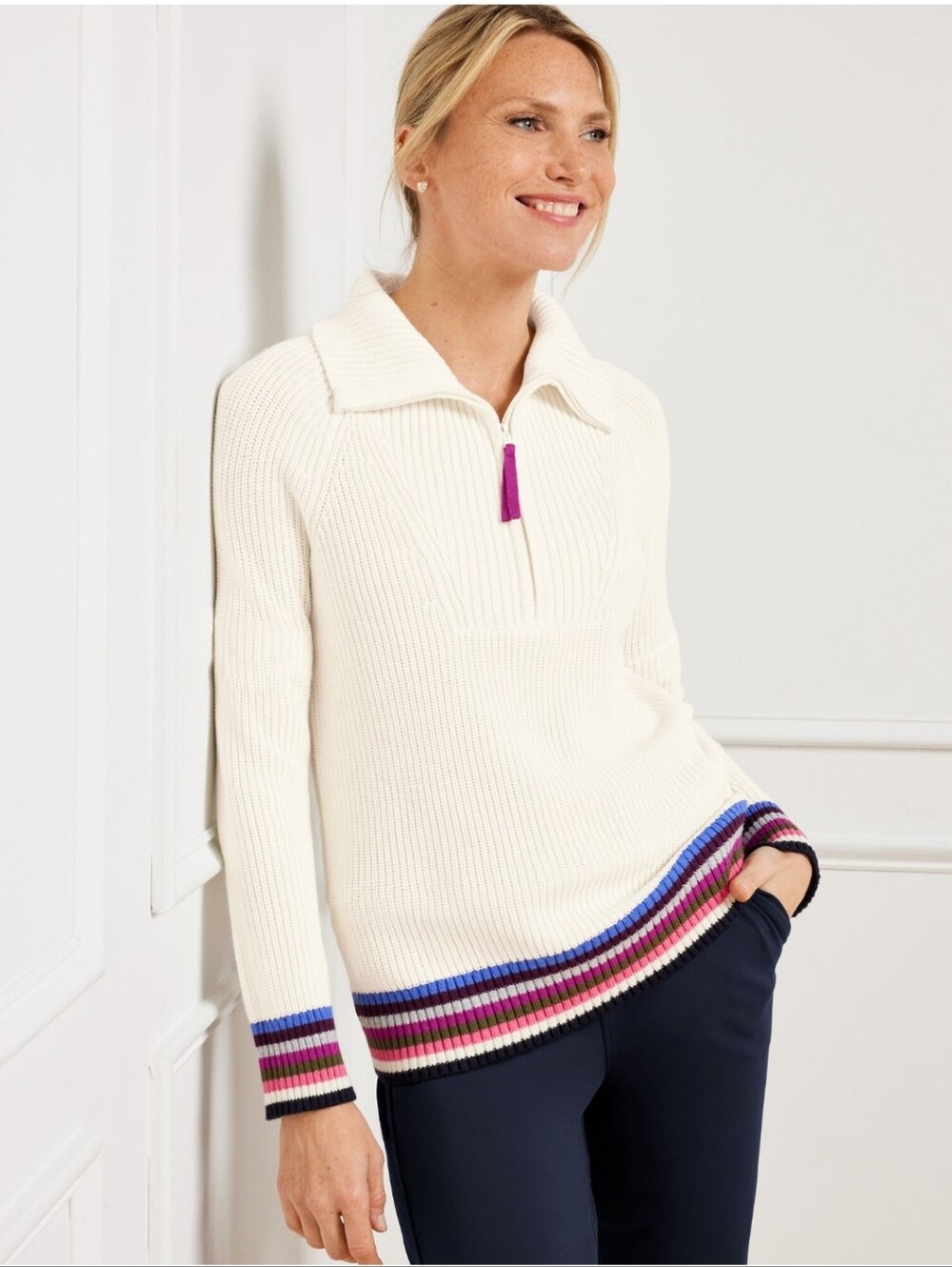T by Talbots Coolmax Ivory Rib-Knit Mock Neck Multi Striped Sweater Size-P (XS)